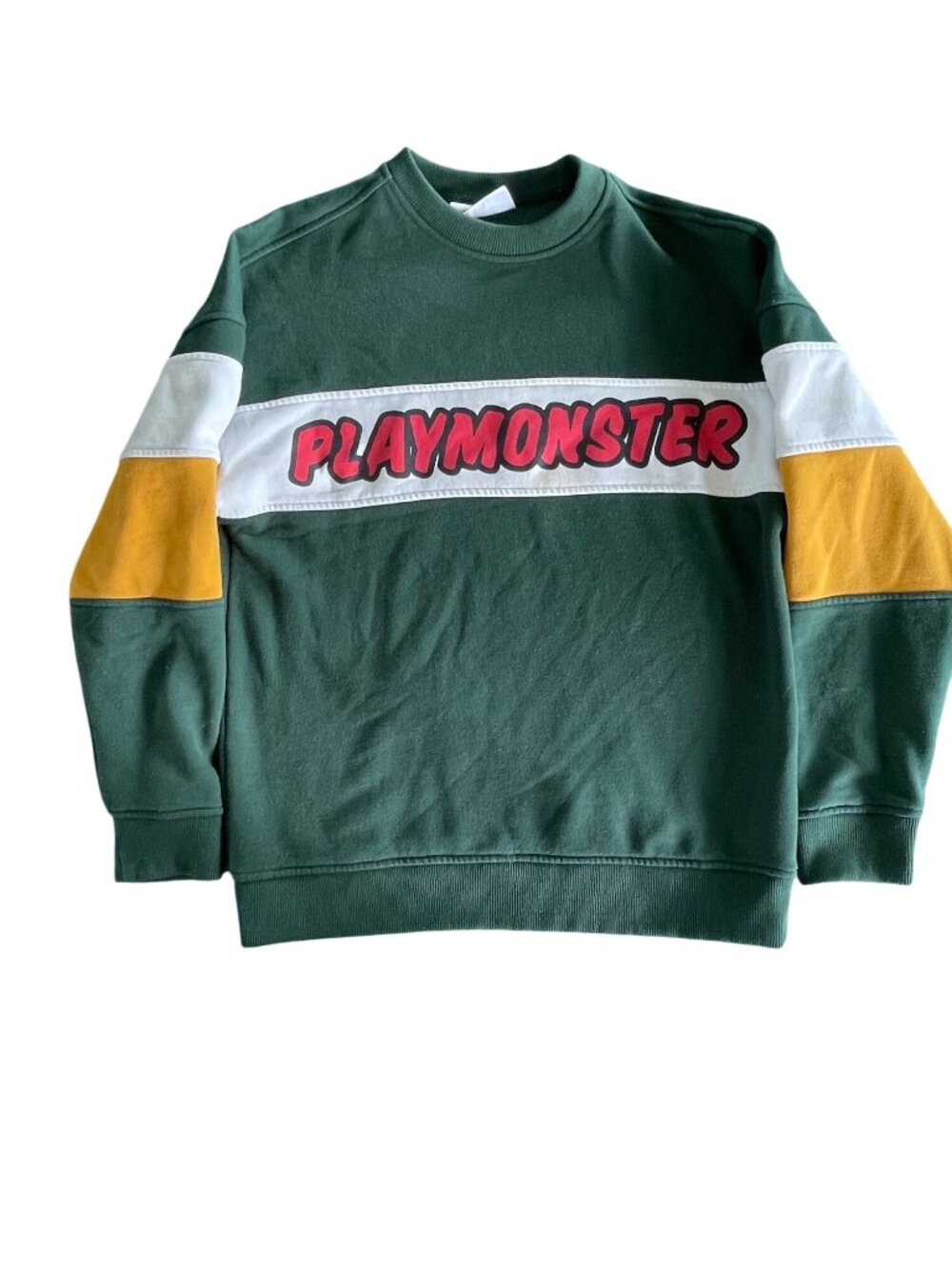 Playmonster Green Sweatshirt With Colorblock Sleeves & Bold Text Logo Size M
